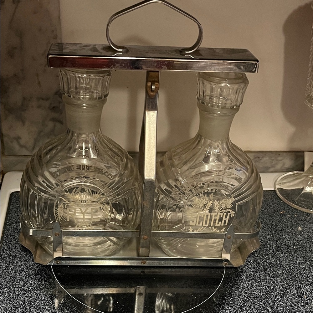 Crystal Decanter Set with Silver Chrome Holder Circa 1950